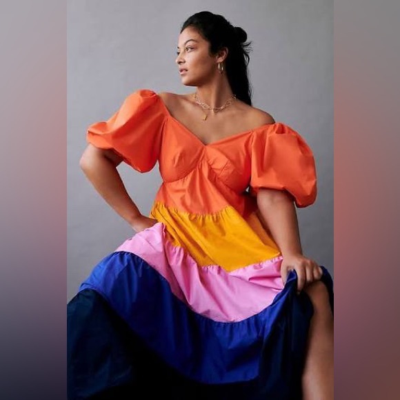 FARM Rio Multicolor Tiered Puff-Sleeve Maxi Dress — Orange, Yellow, Pink & Blue - Picture 5 of 12